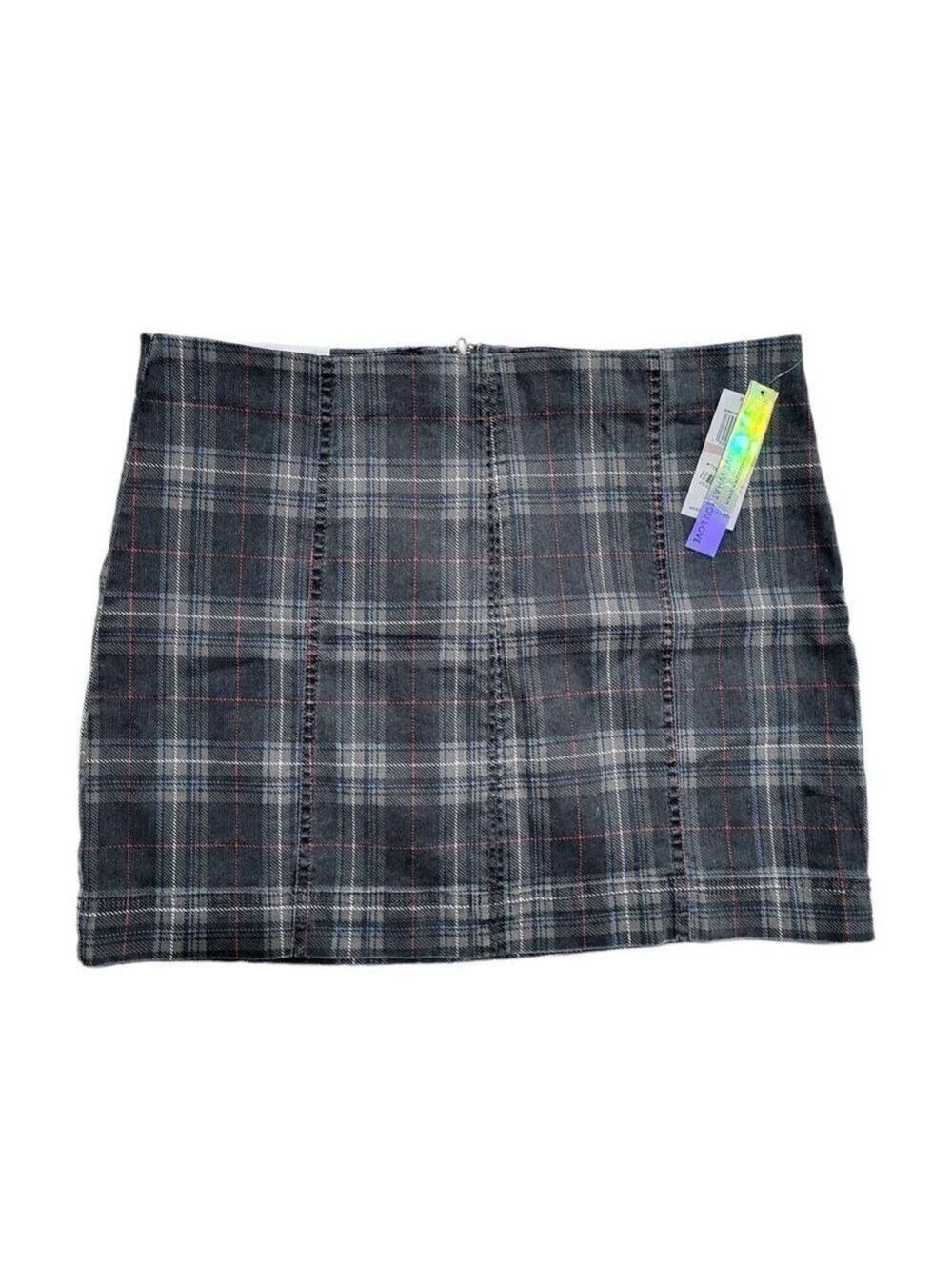 TINSELTOWN Womens Gray Stretch Denim Plaid Short A-Line Skirt